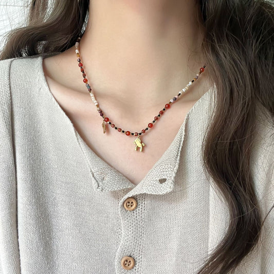 Retro Anqila Red Dunhuang-style Colorful Red Agate Layered Beaded Necklace